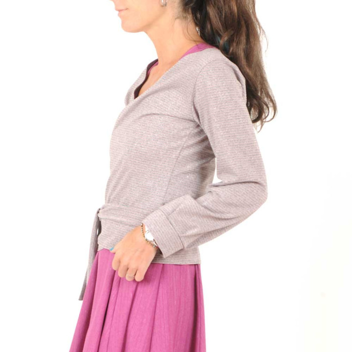 GIlet cache-coeur fabriqué en France rose grisé rayé lurex, manches bouffantes