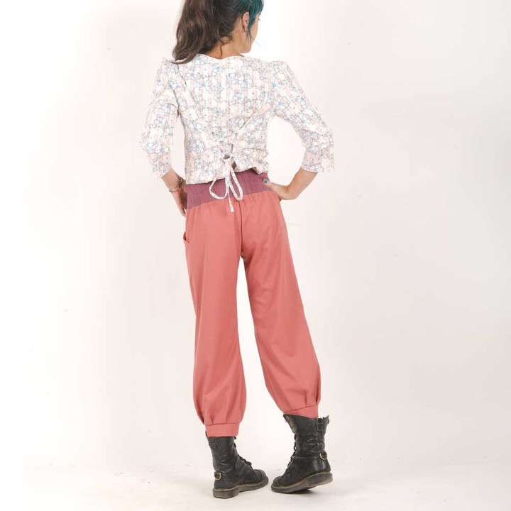 Womens indian pink wool blend puffy pants with jersey belt