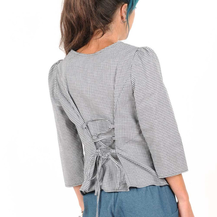 Black and white checkered cotton shirt, back lacing