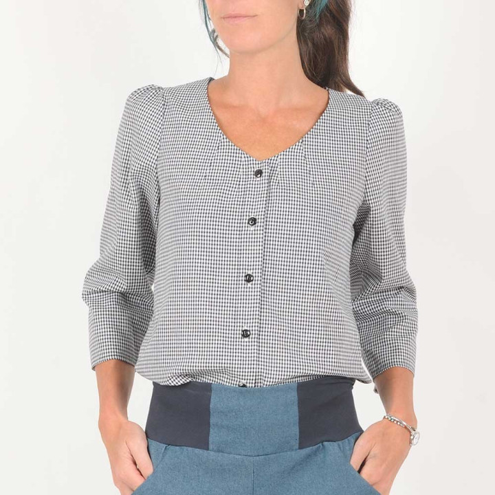 Black and white checkered cotton shirt, back lacing