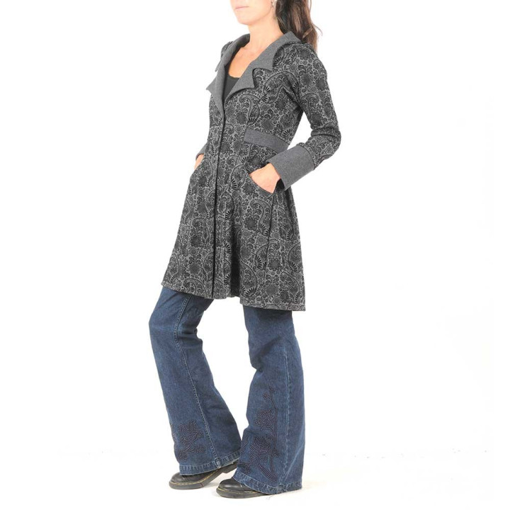 Veste jeune créateur redingote femme, grise arabesques noires