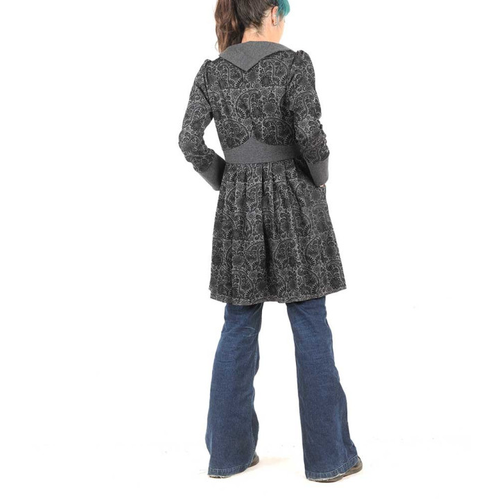Veste originale de créateur redingote femme, grise arabesques noires
