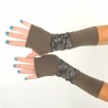 Taupe brown patchwork fingerless gloves, solid and lace print jersey