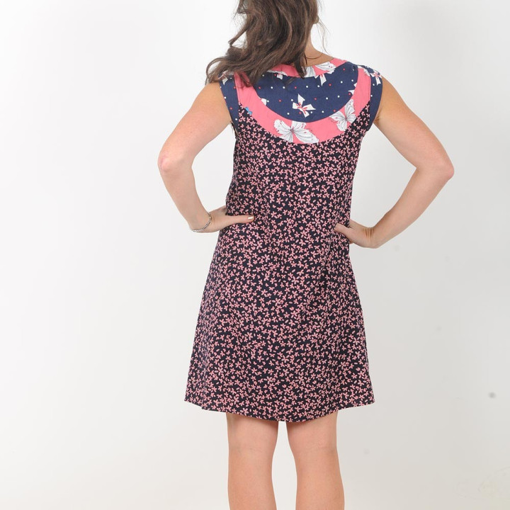 Floral blue and pink sleeveless dress with patchwork neckline