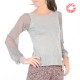 Glittery grey top with long puffy floral mesh sleeves