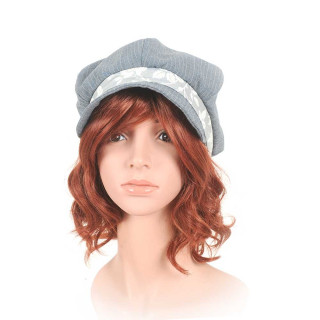 Grey-blue striped newsboy cap hat, floral details
