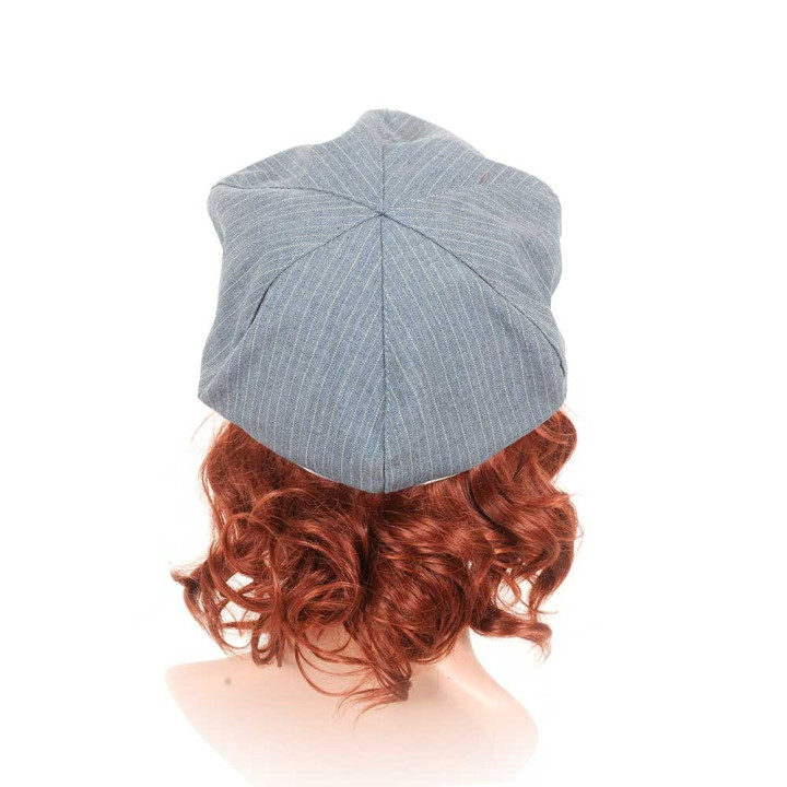 Casquette gavroche fabriquée en France créateur femme bleu-gris rayé et fleurs
