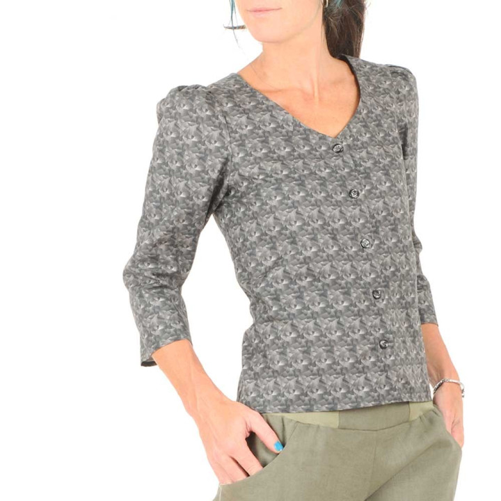 Chemisier coton fabrication artisanale gris imprimé, laçage dos