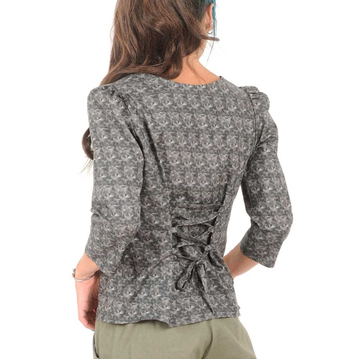Chemisier artisanal coton gris imprimé, laçage dos