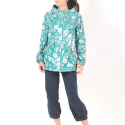 Green floral raincoat jacket, coated cotton