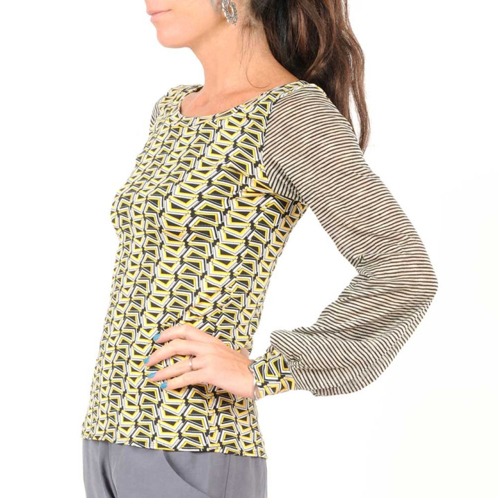 Black, Yellow, Beige geometric print top, long puffy sleeves