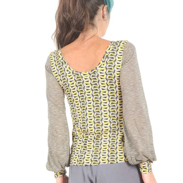 Top fabriqué en France créateur femme noir, blanc, jaune manches longues en jersey motif géométrique