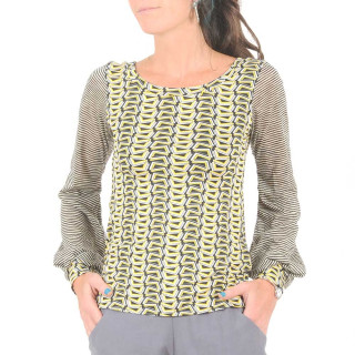 Black, Yellow, Beige geometric print top, long puffy sleeves