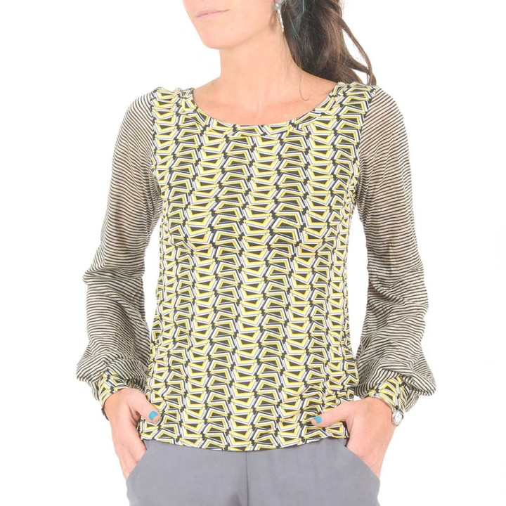 Black, Yellow, Beige geometric print top, long puffy sleeves