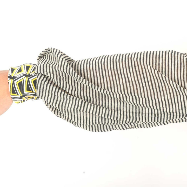 Black, Yellow, Beige geometric print top, long puffy sleeves