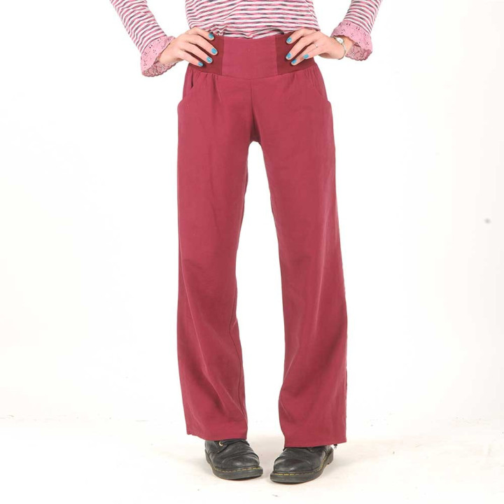 Pantalon femme fabriqué en France créateur femme bordeaux souple, coupe droite