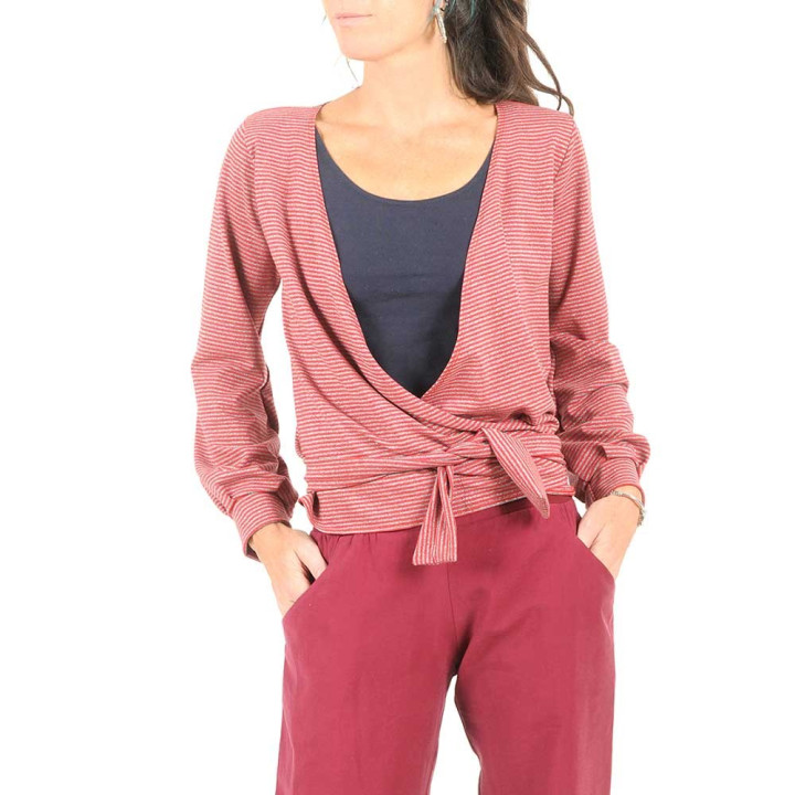 Gilet cache-coeur fabrication artisanale rouge rayé gris lurex, manches bouffantes