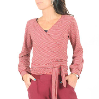 Red and glittery grey striped jersey wrap with puffy sleeves