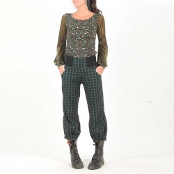 Pantalon original fabriqué en France femme 4/5 écossais marine, noir et vert, ceinture jersey