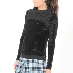 Black velvet sweater with turtle neck collar and jersey ruffles