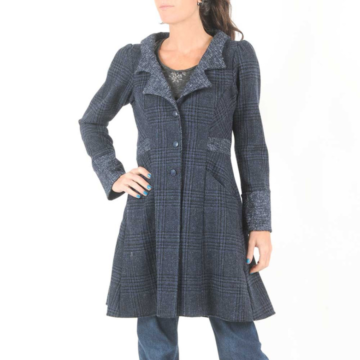 Womens Long Jacket, Blue and Black Plaid Wool