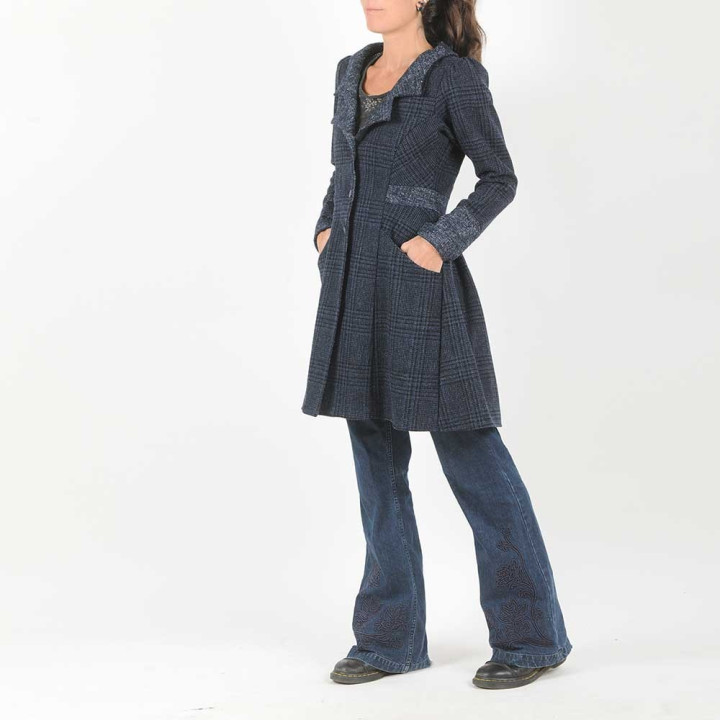 Womens Long Jacket, Blue and Black Plaid Wool