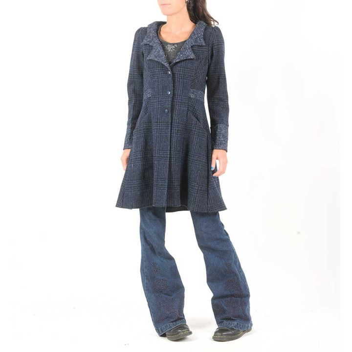 Veste redingote originale de créateur femme, bleue et noire