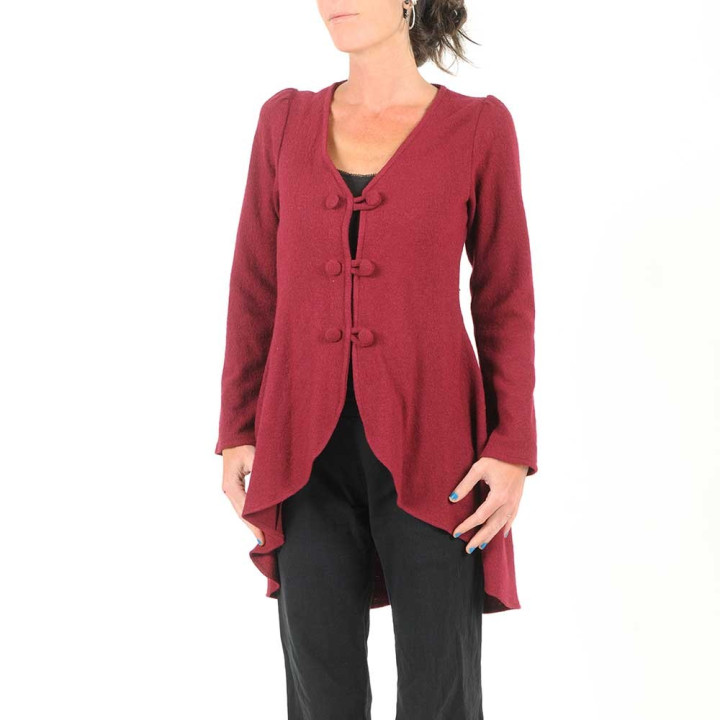 cadeau pour femme Veste made in France créateur français redingote dos plissé tissu laine bouillie rouge bordeaux