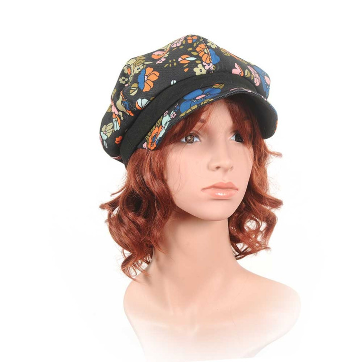 Casquette gavroche motif fleuri rétro coloré et noir
