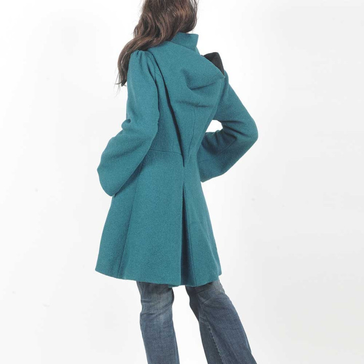 Teal blue winter Pixie coat with Goblin Hood in virgin wool