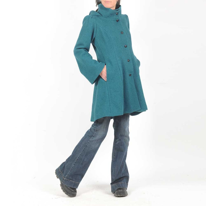 Teal blue winter Pixie coat with Goblin Hood in virgin wool