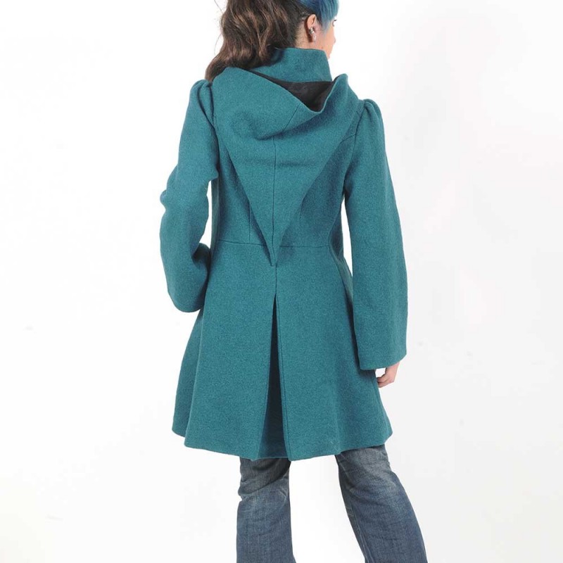 Manteau d'hiver femme couleur bleu canard à Capuche de Lutin en laine