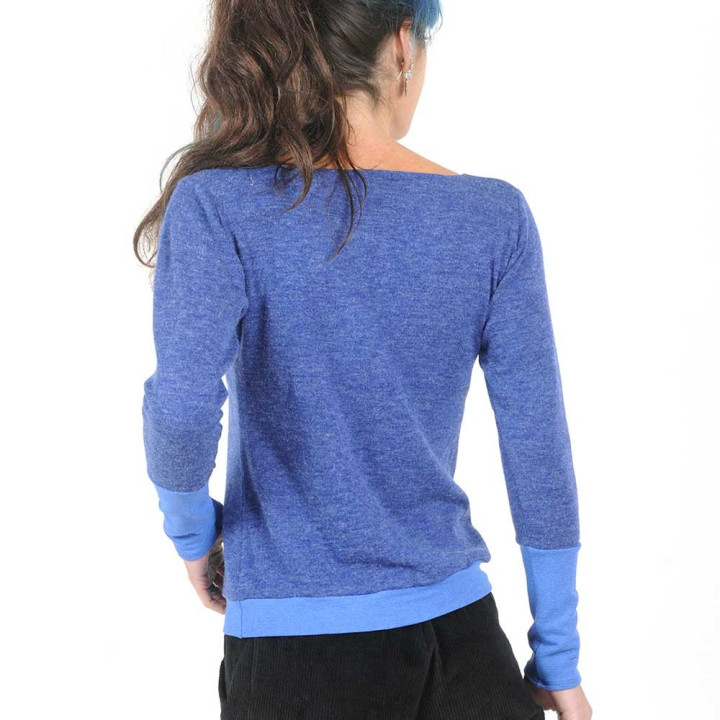 Pull femme fabriqué en France créateur femme bleu et lurex, maille souple et douce