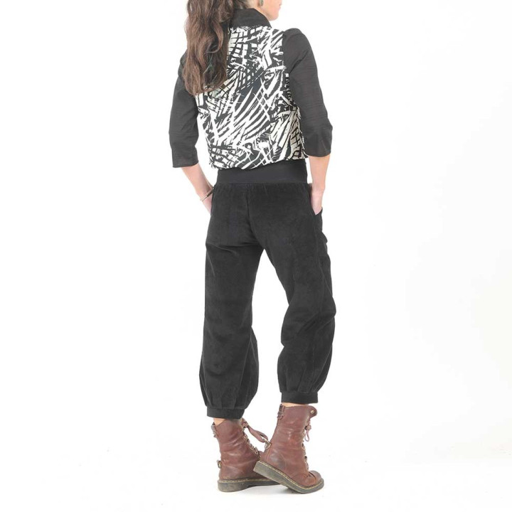 cadeau pour femme Pantalon artisanal femme 4/5 velours noir côtelé, ceinture jersey