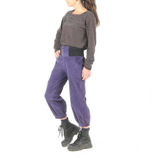 Pantalon femme 4/5 velours violet côtelé, ceinture jersey