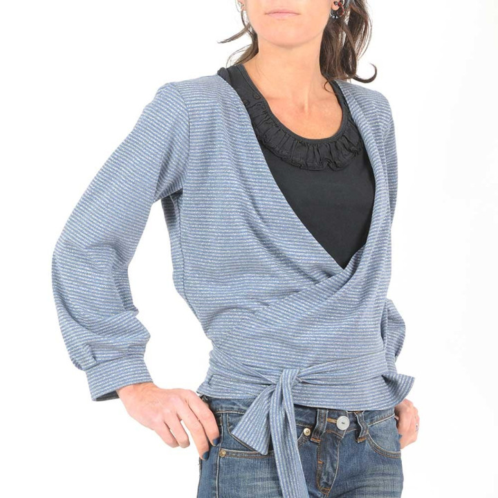 Blue and glittery grey striped jersey wrap with puffy sleeves