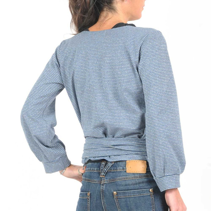 Blue and glittery grey striped jersey wrap with puffy sleeves