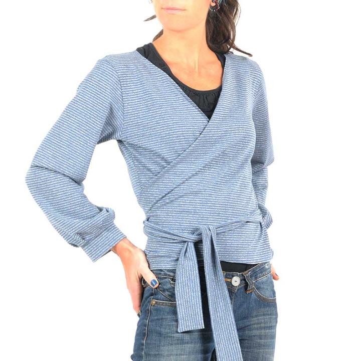 Blue and glittery grey striped jersey wrap with puffy sleeves