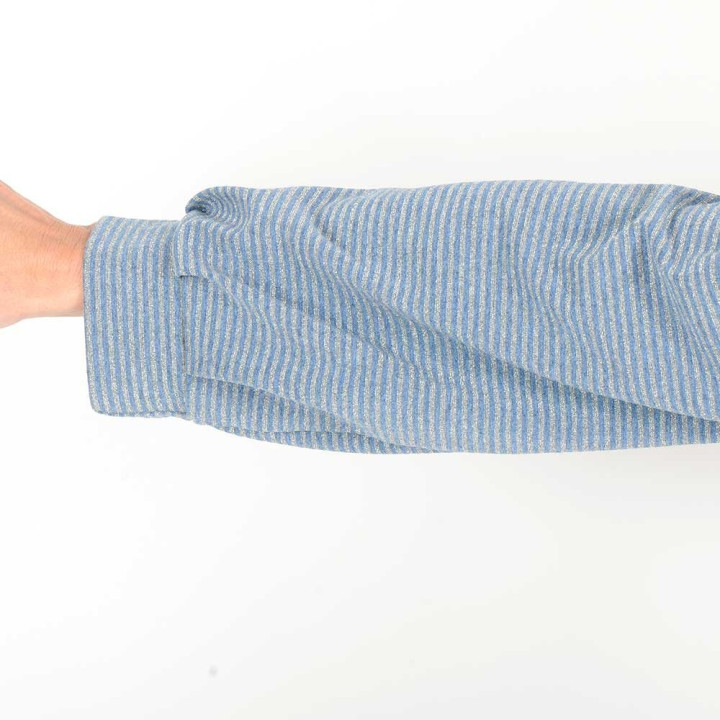 Blue and glittery grey striped jersey wrap with puffy sleeves