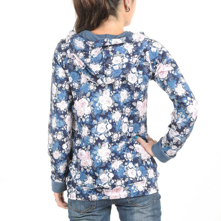 Sweat original de créateur fleuri bleu et blanc, grande capuche
