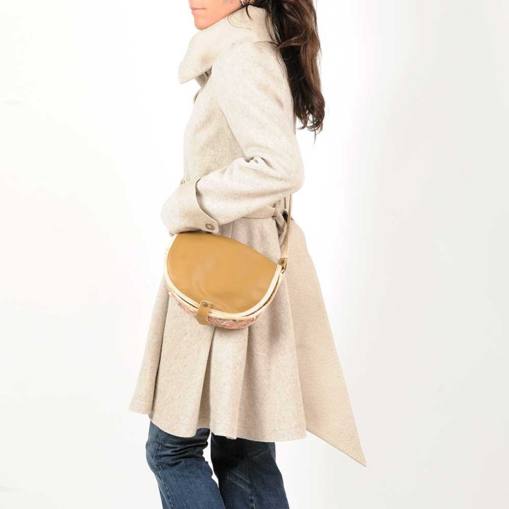 Beige and pink floral crossbody purse, leather and fabric