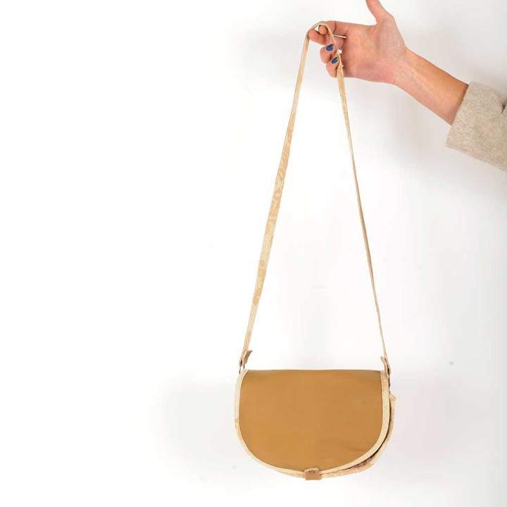 Beige and pink floral crossbody purse, leather and fabric