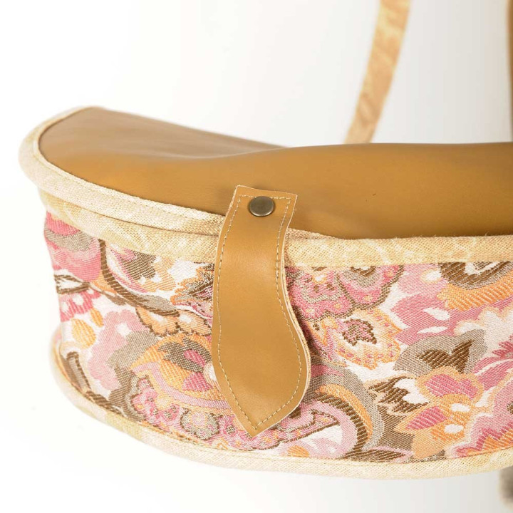 Beige and pink floral crossbody purse, leather and fabric
