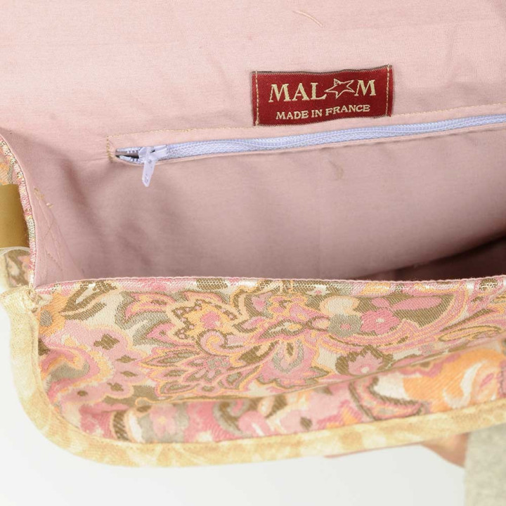 Beige and pink floral crossbody purse, leather and fabric