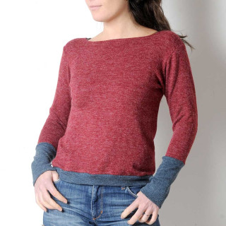 Pull femme original made in france bleu-gris et bordeaux, maille souple et douce