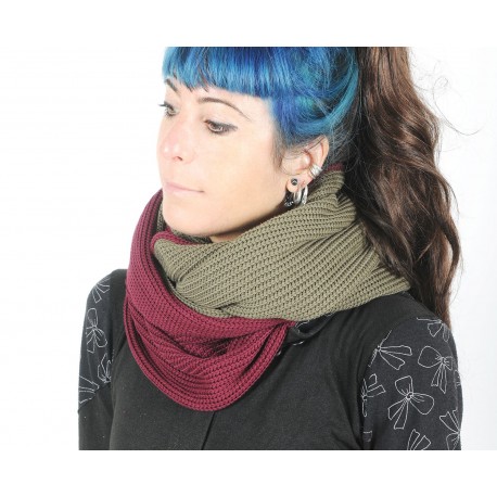 Khaki and crimson red wide knit snood scarf