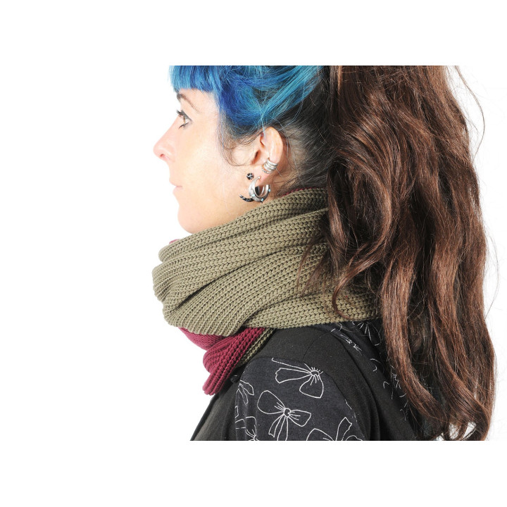 Khaki and crimson red wide knit snood scarf