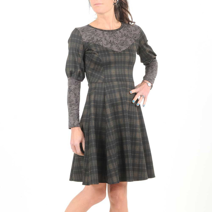 Black and brown checkered and floral stretchy dress, leg-of-mutton sleeves