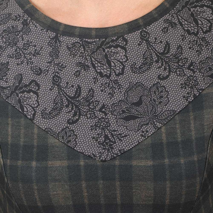 Black and brown checkered and floral stretchy dress, leg-of-mutton sleeves