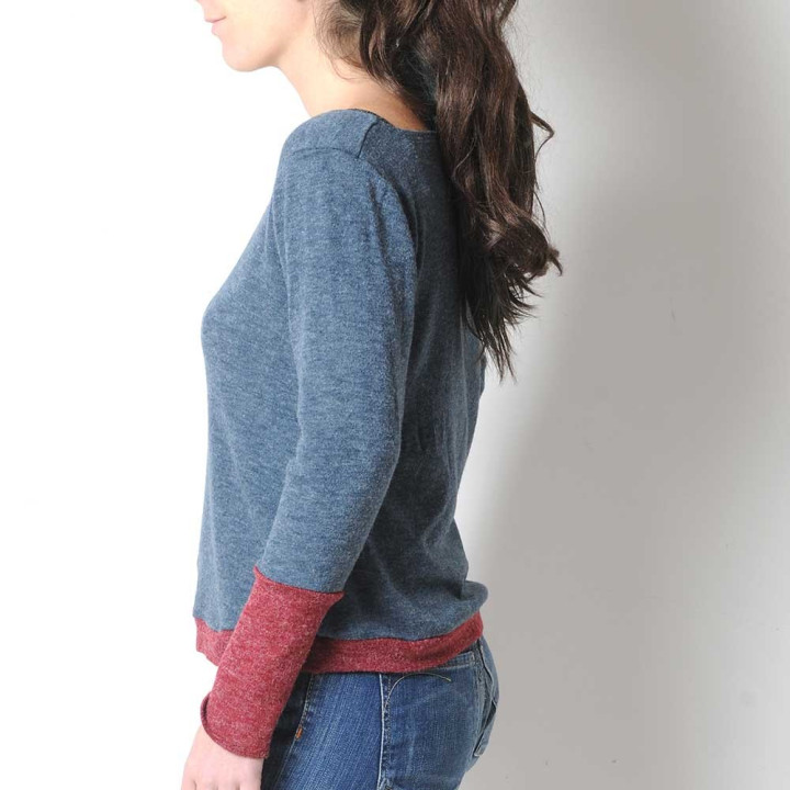 Blue-grey and crimson red women's sweater, soft knit jersey